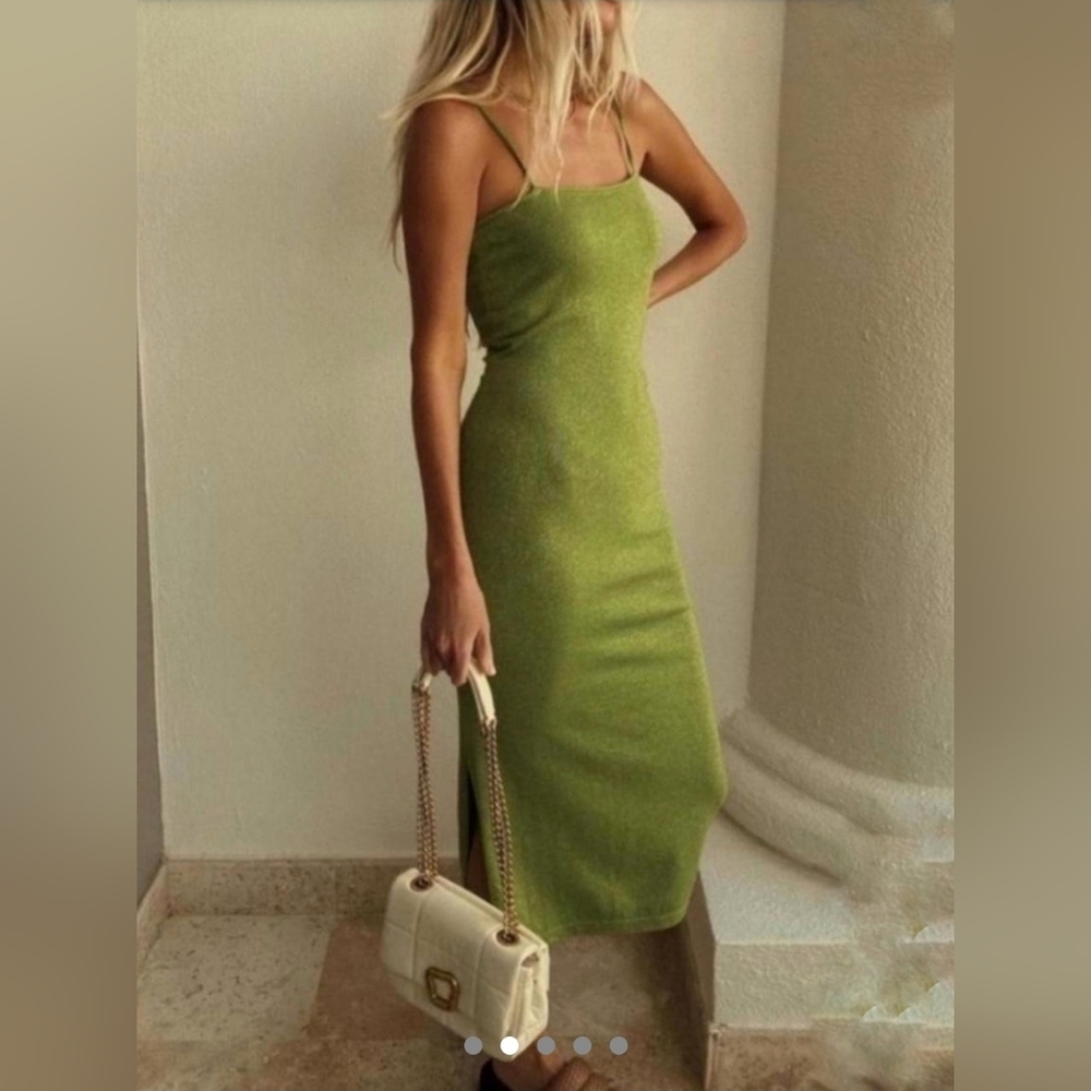 Resa Knit Collection Green Sheath Midi Dress Size Small Metallic Threading Boho - Picture 5 of 16